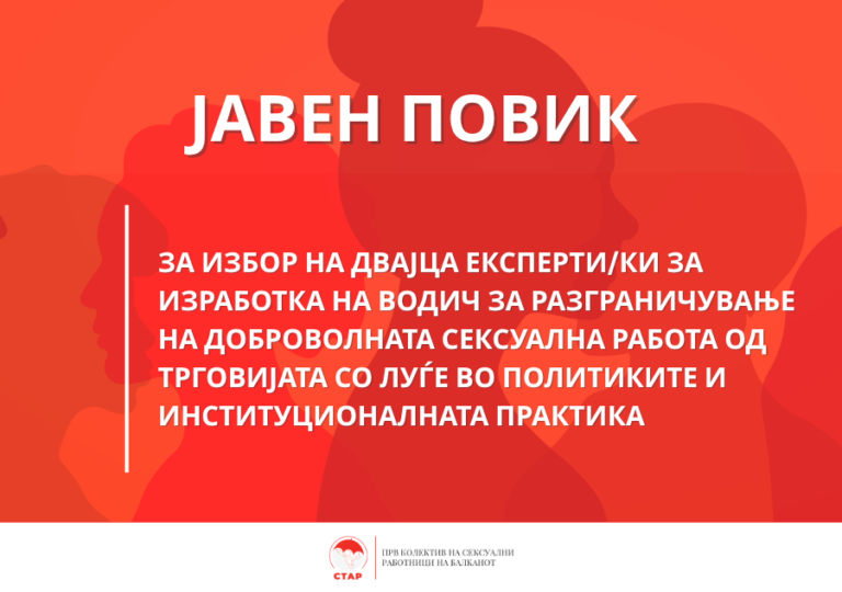 ЈАВЕН ПОВИК за избор на двајца експерти/ки за изработка на водич за разграничување на доброволната сексуална работа од трговијата со луѓе во политиките и инстит